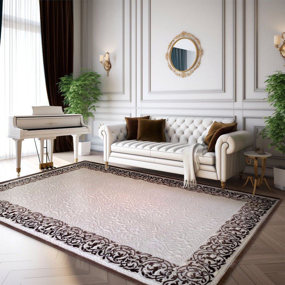 miracremcrem_9f99fd44-9b5a-4f81-bf75-3653e0f3e2dc.jpg Covor Gloria 3D Elegant Alb Perlat Chenar Bej - imagine 1